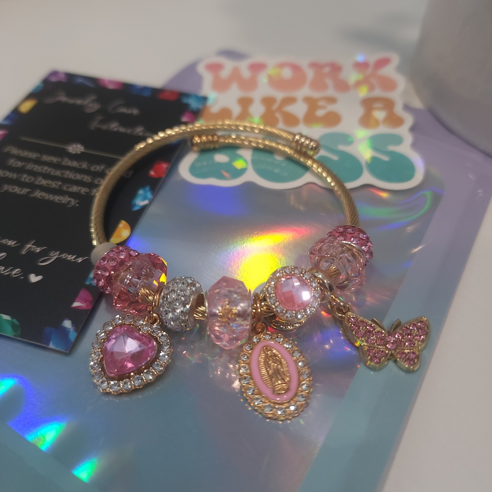 Gold Charm Bracelet with Pink and Silver Accents